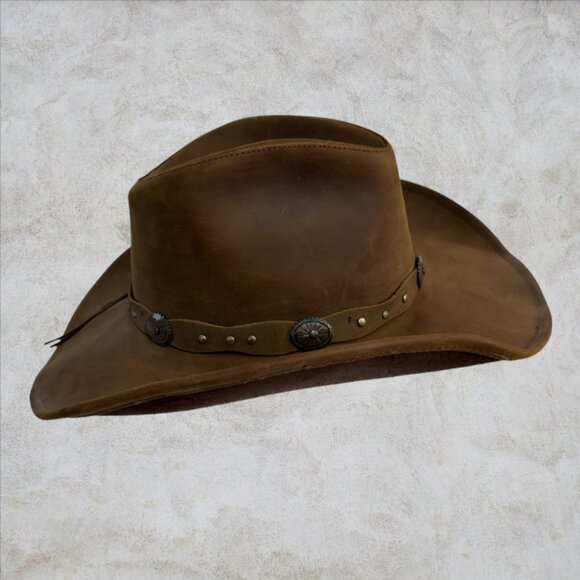 STETSON -- Roxbury Mocha Distressed Leather Cowboy Hat, Large, Like New - Picture 4 of 11